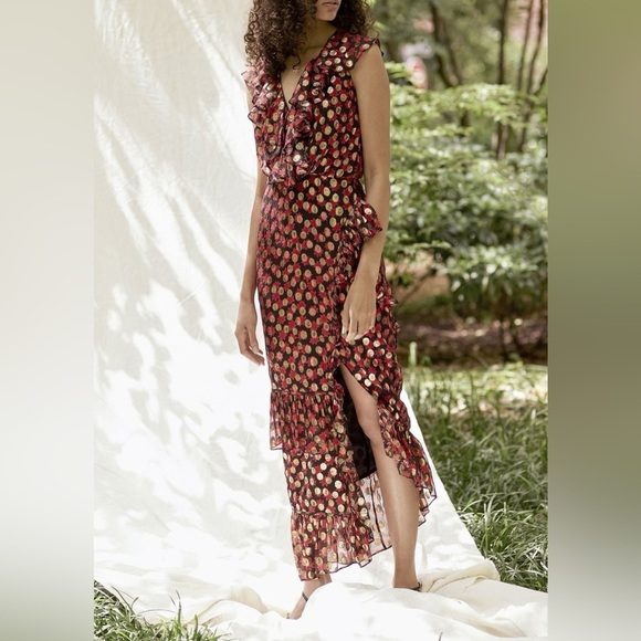 SALONI Printed Anita Dress in Red/Black/Gold Burnout Ruffle Size 2 - Picture 6 of 12